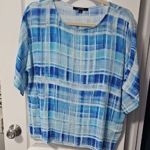 Charlie B Aqua and Navy Checkered Blouse